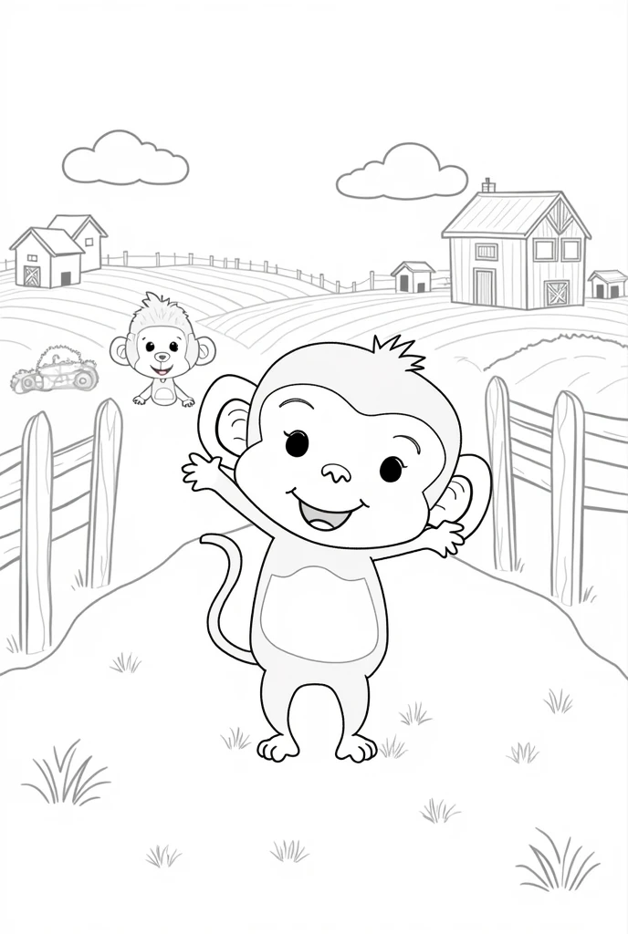 Simple line drawings of florest animals like monkey, . Include florest elements like wooden fences, barns, and fields. The style should be easy for children to color