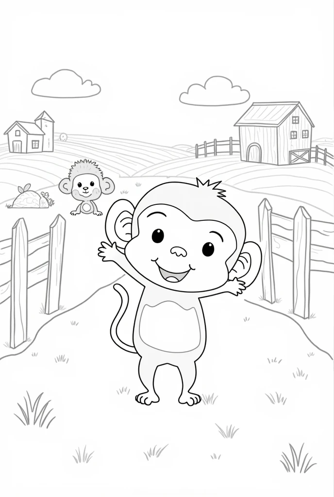 Simple line drawings of florest animals like monkey, . Include florest elements like wooden fences, barns, and fields. The style should be easy for children to color