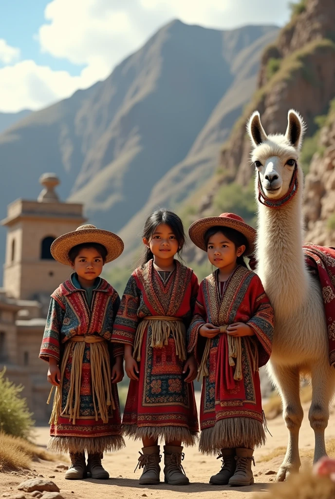 Enfants peruvien et lamas en vetement traditionnel devant village incas perou