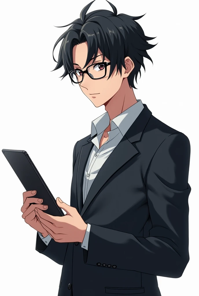 Black hair male teacher, black eyes, wearing glasses, holding an iPad, anime image, white background