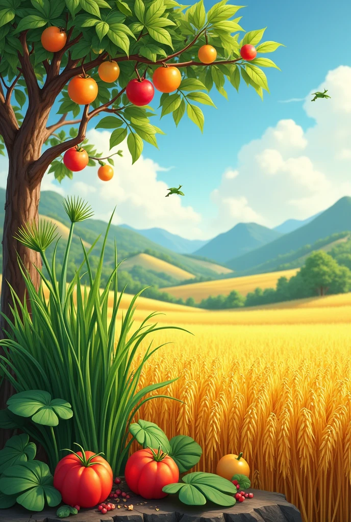 Water spinach, frut tree, rice . Make an image where i can see them whole