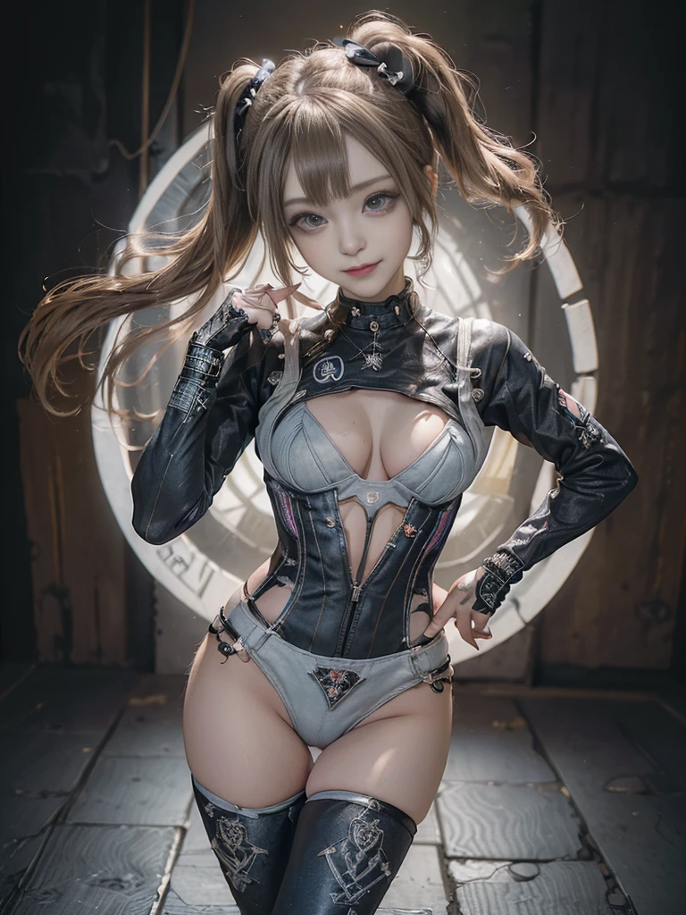 (Full Body View:1.2)、(Side view:1.1)、(Smiling with teeth showing:1.3),(Shibuya Gal:1.5)、(Goth Style Fashion:1.5)、(Punk RockVisual Kei:1.5)、(Wearing a rhythmic gymnastics bodysuit with intricate details:1.4)、(Racing suit and pants in white, denim and dark grey with delicate decorations:1.5)、(Denim and light blue and black boots:1.3)、((belt))、(Numerous delicate logo marks all over the costume:1.4)、(collar:1.3)、(Striped underwear:1.5)、20-year-old、NSFW、((Highest quality、In 8K、masterpiece:1.3))、Sharp focus:1.2、(Layered Cut、Huge boobs:1.1),Beautiful woman with perfect figure:1.4、(Doing an aerobics pose:1.3)、Slender Abs:1.2、Highly detailed face and skin texture、Detailed eyes、double eyelid,(Twin tails:1.3)、(Brown-golden hair:1.3)、Gravure idol、(The background is a beautiful crystal underground palace:1.3)、(Slim Body:1.3),(Make your legs thinner:1.4),(Thin thighs:1.1)、(clavicle:1.1)