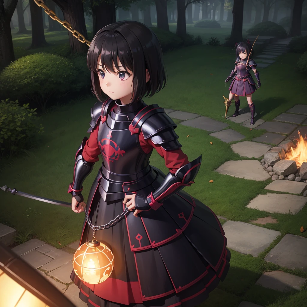 最high quality、high quality、Simple Cloth Armor、１０Year-old girl adventurer、Equipped with a weapon that has a short chain at the end of a stick and a spiked iron ball at the end of the chain、In a dark maze