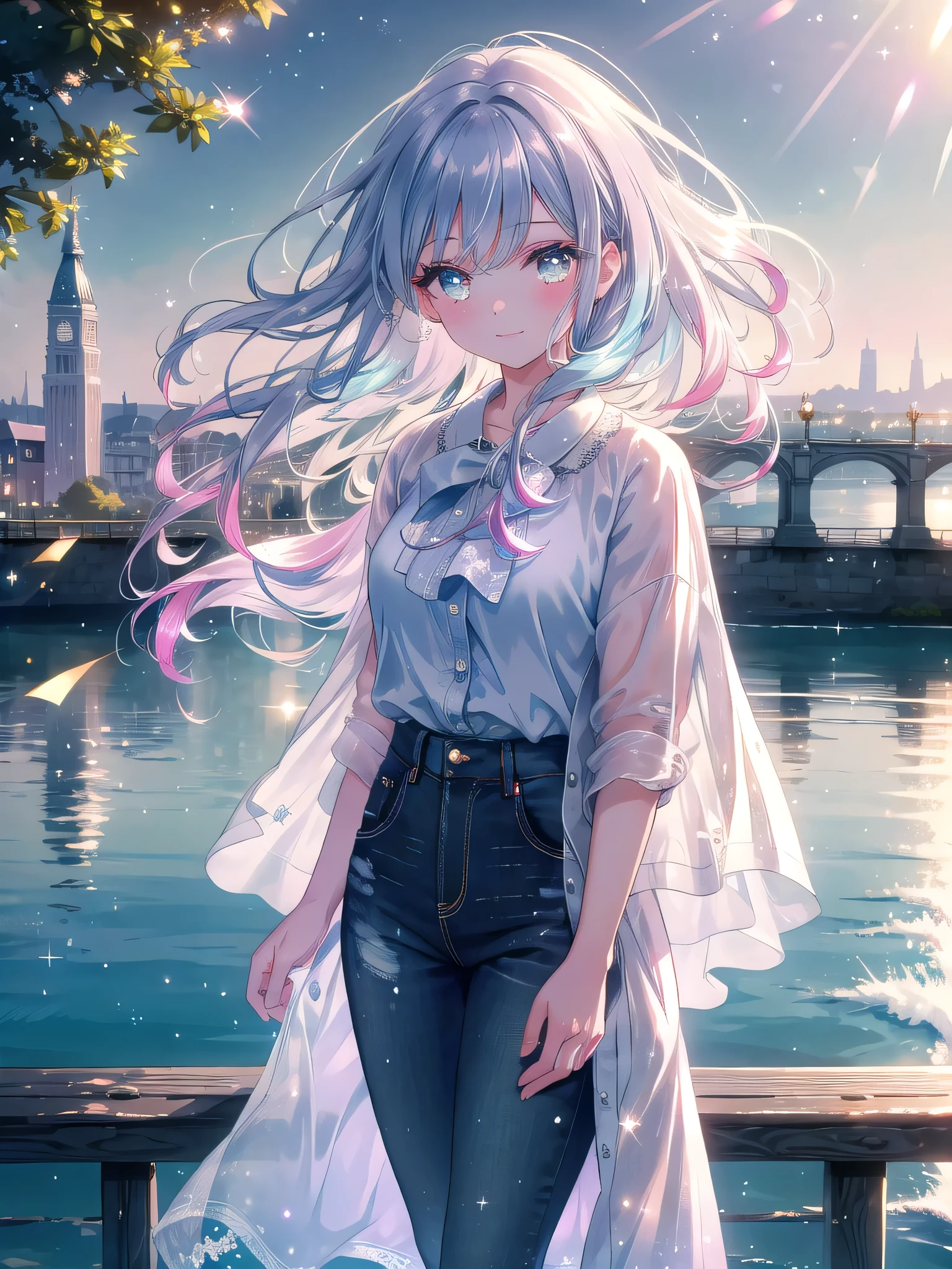 ((8k, Highest quality, masterpiece: 1.3)),Ultra-high resolution,(1 girl, alone), (Color changing eyes, Ultra-detailed, Expressive brilliance, Glitter, Glowing Eyes), Highly detailed eyes, Highly detailed face, Random Hair, ((pastel colour))A beautiful woman standing on a bridge overlooking a busy river, wearing a light trench coat, a casual blouse, and dark jeans. The afternoon sun reflects off the water, creating a sparkling backdrop. She’s leaning slightly against the railing, her hair flowing gently in the breeze. Her expression is thoughtful, lost in the beauty of the scene. She suddenly notices the camera and her face lights up with a soft, affectionate smile, her eyes meeting the camera as if she’s sharing this picturesque moment with her boyfriend.