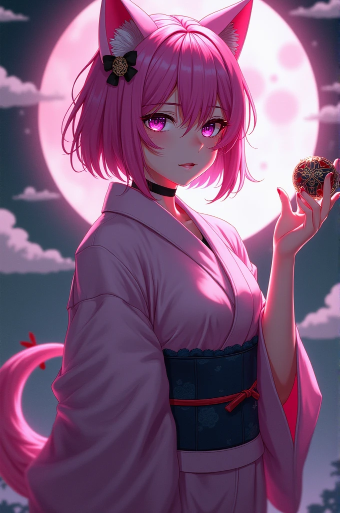 A 1 demon girl with a wolf cut, pink hair, purple eyes, wearing a yukata, and holding a bag.