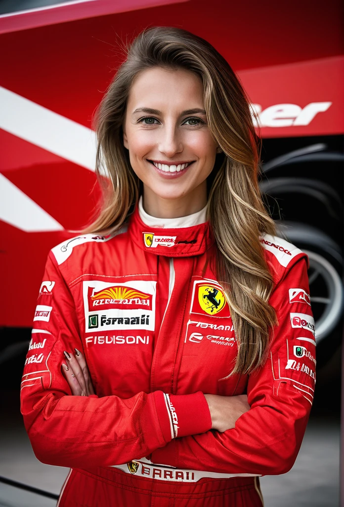 

"Alica Schmidt confidently poses for a photo, wearing a Ferrari Formula One racing suit. Her straight hair falls elegantly over her shoulders and she stands with a casual yet elegant posture. The lighting highlights her natural beauty, with a playful smile and a relaxed vibe, she stands in front of a Ferrari Formula One car, holding her helmet in her hand in a professional manner, adding a dynamic and avant-garde element to the scene, emphasizing the fusion of Formula One style and automotive culture."