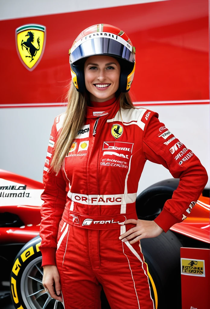 

"Alica Schmidt confidently poses for a photo, wearing a Ferrari Formula One racing suit. Her straight hair falls elegantly over her shoulders and she stands with a casual yet elegant posture. The lighting highlights her natural beauty, with a playful smile and a relaxed vibe, she stands in front of a Ferrari Formula One car, holding her helmet in her hand in a professional manner, adding a dynamic and avant-garde element to the scene, emphasizing the fusion of Formula One style and automotive culture."