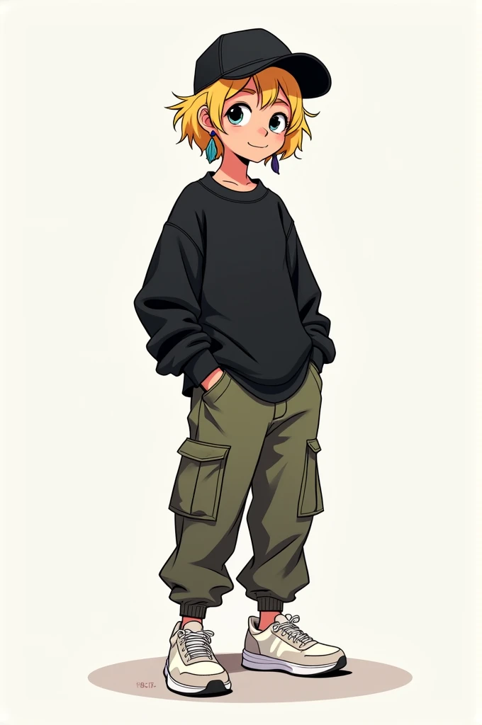 cartoon drip 2d, blond, in cargo pants, Black cap, black jersey, White sneakers, aretes, very loose clothes etc..