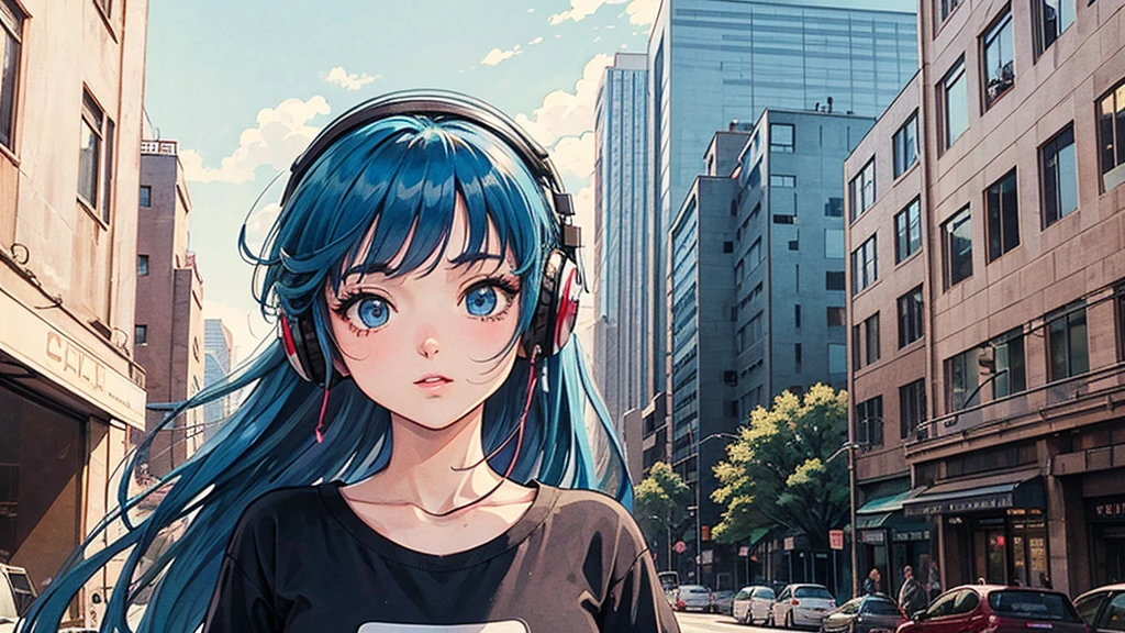 1 person, Blue Long Hair, 80s anime style, I have headphones on, coffee, Retro, Lo-Fi,Stylish cityscape in the background, Wearing a short-sleeved T-shirt, Close-up of a woman's face from the front,