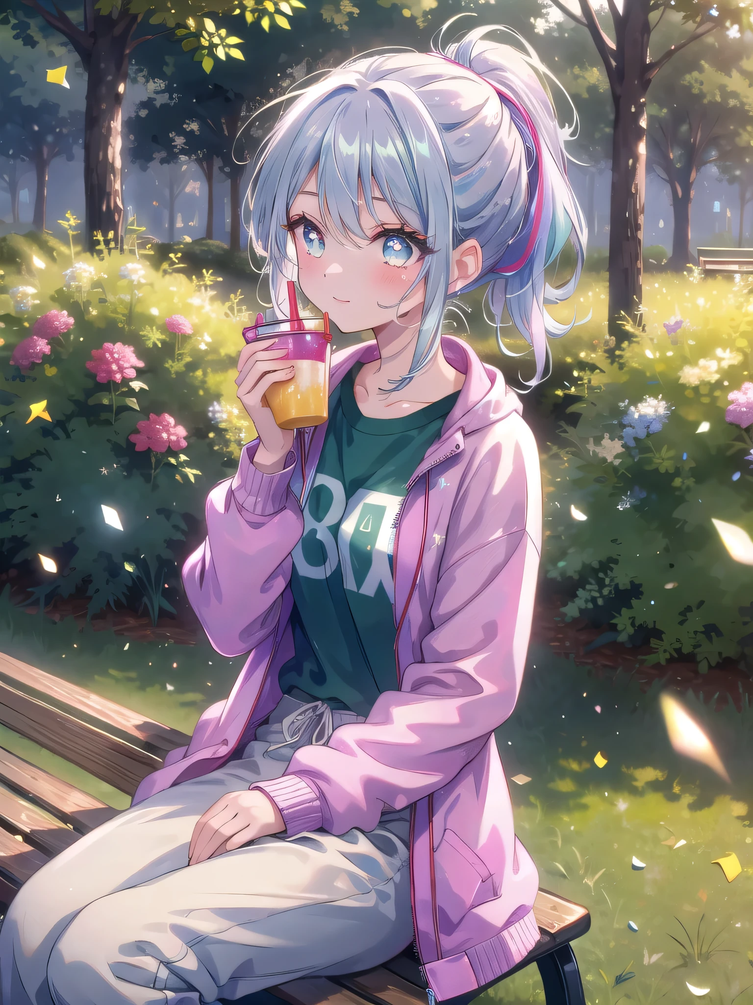 ((8k, Highest quality, masterpiece: 1.3)),Ultra-high resolution,(1 girl, alone), (Color changing eyes, Ultra-detailed, Expressive brilliance, Glitter, Glowing Eyes), Highly detailed eyes, Highly detailed face, Random Hair, ((pastel colour))A stylish woman sitting on a park bench, enjoying the early morning sun. She’s dressed in a light jacket, a casual t-shirt, and jogger pants, with her hair tied up in a loose ponytail. The park is quiet, with only a few joggers passing by, and the morning light casts a soft glow on the dewy grass. She’s holding a smoothie in one hand, her other hand resting on her lap. Her expression is peaceful and relaxed as she watches the world go by. When she notices the camera, she gives a small, content smile, her eyes reflecting the simple joy of sharing this moment with her boyfriend.