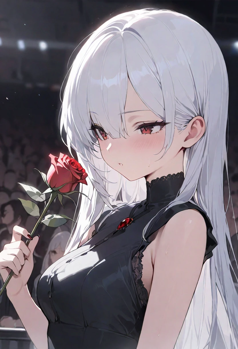 (best quality, masterpiece), (1 Girl, Solitary, Black skirt, permanent , Looking at the audience, White hair, Red Eyes, Holding a rose, Shut up, Upper Body)