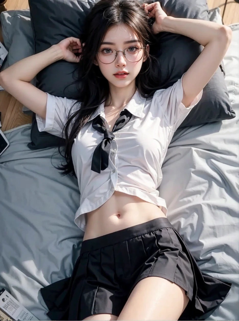 1 girl, (masterpiece: 1.4), (8k, Really, RAW Photos, Highest quality: 1.4), Japanese, (1 girl), Beautiful Face, (True Face: 1.4), (Caramel Hair,ponytail:1.3), Hairstyle,Beautiful and detailed, (Real Skin: 1.3), Beautiful Skin, charm, Ultra-high resolution, Ultra-photorealistic simulation, khd, Golden Ratio, (Detailed face: 1.4), (Japanese actor: Haruna Kawaguchi),1 white T-shirt, Short black hair,Browsing Caution,big,big butt emphasis,The nipple and areola are clearly shaped,Look at the camera,Sit on the bed,The shape of the genitals shows through,Drenched in sweat,Obscene pose(Bend your knees and open your legs)wearing glasses