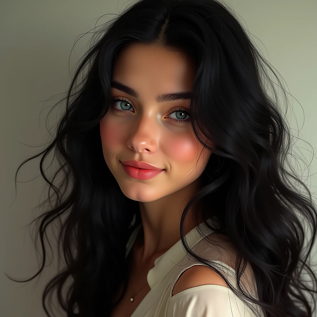 a 20 years young european girls with long black hair, blue eyes, smiling, wearing a shirt, ultra detailed, 8k, photo-realistic, cinematic lighting, highly detailed portrait, striking facial features, warm color palette, natural skin tones, subtle textures, ambient occlusion, digital painting, concept art style