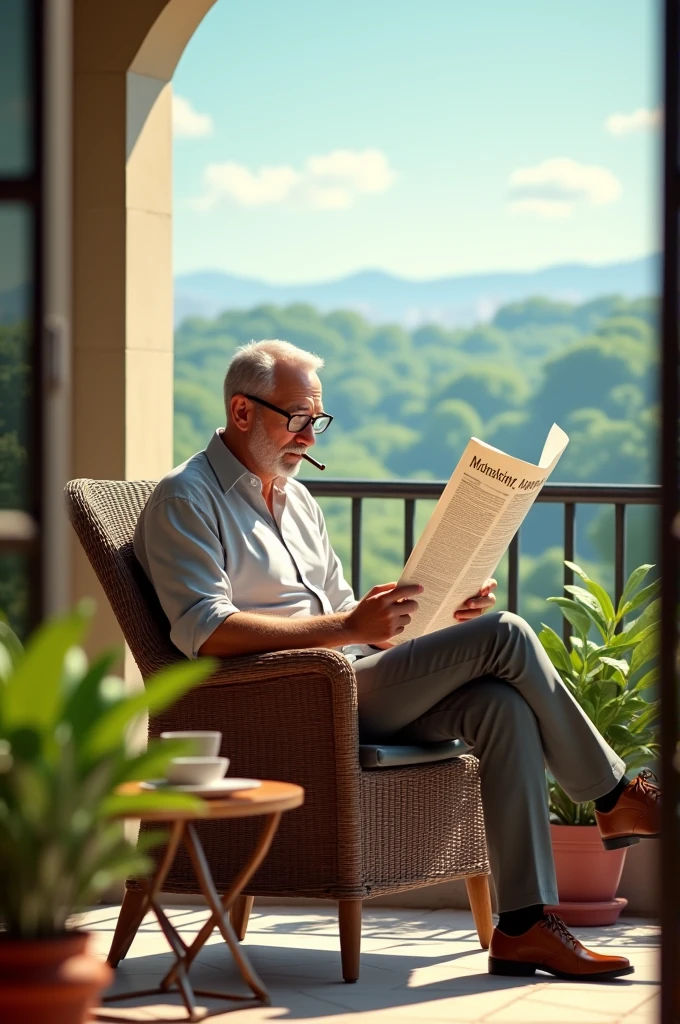 A man reading a newspaper on the terrace of his house while smoking a cigarette accompanied by a cup of hot coffee.