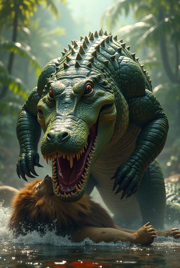 An alligator holding a dead lion in its mouth