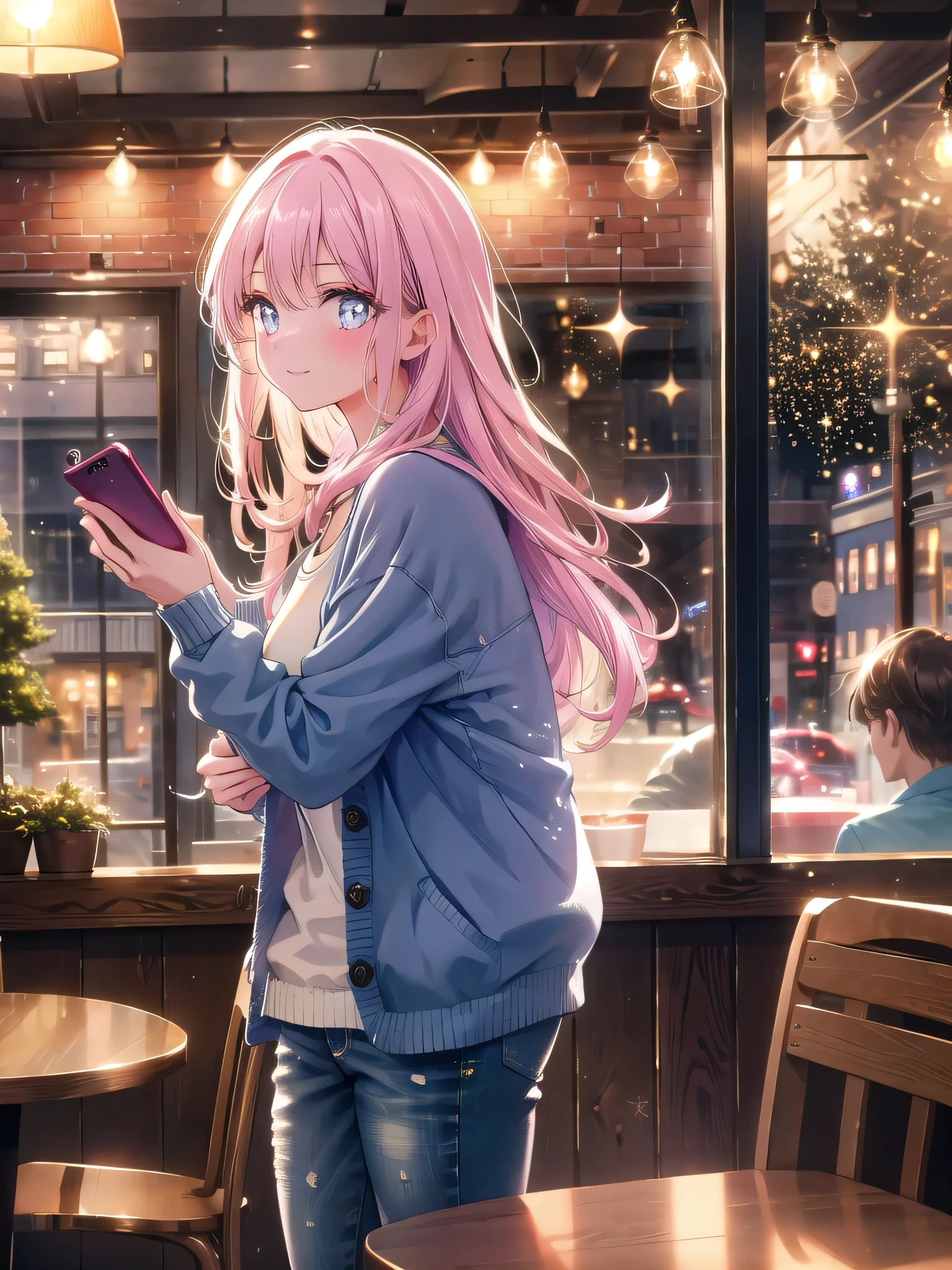 ((8k, Highest quality, masterpiece: 1.3)),Ultra-high resolution,(1 girl, alone), (Color changing eyes, Ultra-detailed, Expressive brilliance, Glitter, Glowing Eyes), Highly detailed eyes, Highly detailed face, Random Hair, ((pastel colour))A stylish woman standing in a trendy café, waiting for her order. She’s wearing a chic cardigan over a simple t-shirt, paired with skinny jeans and ankle boots. The warm lighting inside the café highlights the cozy atmosphere, with other patrons chatting softly in the background. She’s leaning slightly against the counter, her expression relaxed as she scrolls through her phone. When she notices the camera, she looks up with a soft, affectionate smile, her eyes meeting the camera as if she’s sharing this quiet moment with her boyfriend.