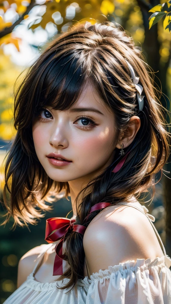 (8k, Highest quality, masterpiece:1.2),(Highest quality:1.2), (Ultra-high resolution:1.0), watercolor, Beautiful woman, shoulder, Hair Ribbon, Agnes Cecil, Half Body Portrait, Very bright and luminous design, pastel colour, (ink:1.3), Autumn Light,Large Breasts:1.8