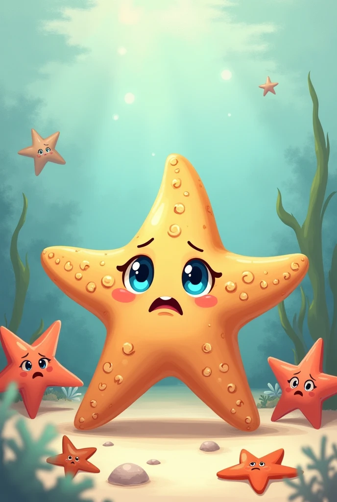 Illustration: Cute Sandy with blue eyes surrounded by other starfish, looking worried but determined.