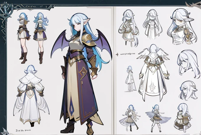 Illustration of a Fairy wearing medieval armor,((character concept art)), ((Character Design Sheet, Same character, front, side, back)) Maple story character art, Video Game Character Design, Video Game Character Design,concept art, Long hair, pointed ears, wings