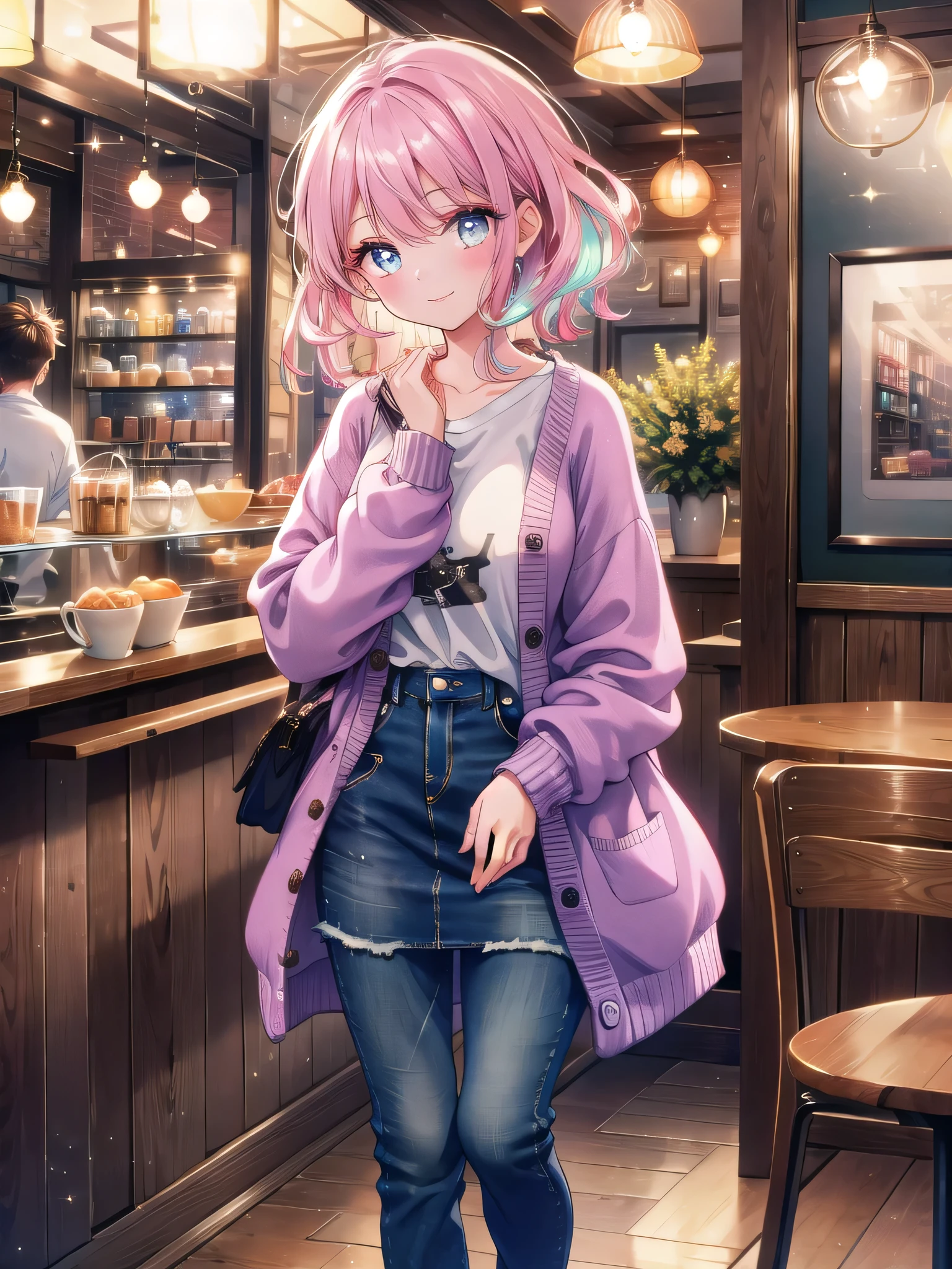 ((8k, Highest quality, masterpiece: 1.3)),Ultra-high resolution,(1 girl, alone), (Color changing eyes, Ultra-detailed, Expressive brilliance, Glitter, Glowing Eyes), Highly detailed eyes, Highly detailed face, Random Hair, ((pastel colour))A stylish woman standing in a trendy café, waiting for her order. She’s wearing a chic cardigan over a simple t-shirt, paired with skinny jeans and ankle boots. The warm lighting inside the café highlights the cozy atmosphere, with other patrons chatting softly in the background. She’s leaning slightly against the counter, her expression relaxed as she scrolls through her phone. When she notices the camera, she looks up with a soft, affectionate smile, her eyes meeting the camera as if she’s sharing this quiet moment with her boyfriend.