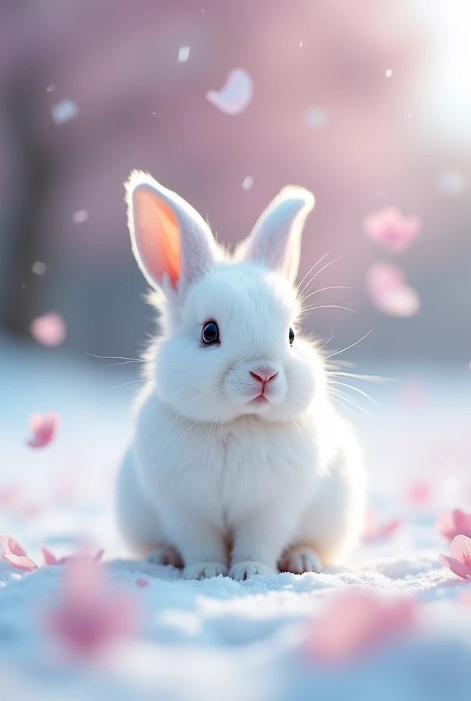 Ultra-realism、masterpiece、Highest quality、Film Grain、Spectacular views、The rabbit is small in size、Little white rabbit、Snow rabbit turns around and looks at the viewer、Frigid winter、Snow Scene、Cherry blossom petals fluttering、桃色のSnow Scene、Cherry blossom blizzard、