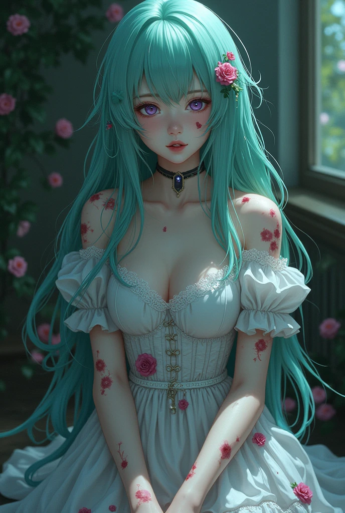  The girl is mentally ill and has Hanahaki disease. Long Mint green hair, purple eyes, and full of wounds.
Wearing Lolita clothes 