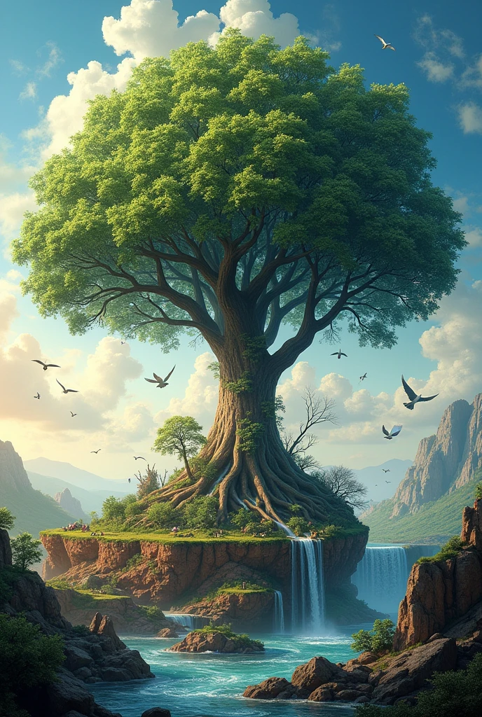 Central Concept:
Tree of Life as the Central Element:
Visual Element: Instead of placing the Earth at the center, imagine a grand "Tree of Life" with deep roots, a sturdy trunk, and a vast canopy. This tree serves as the nexus, representing the interconnectedness of all subsystems. The roots, trunk, branches, and leaves symbolize the geosphere, hydrosphere, atmosphere, and biosphere, respectively.
Symbolism: The tree embodies life, growth, and the continuous cycle of energy. It can stretch beyond the borders of the poster, symbolizing the boundless nature of Earth's systems.
Four Subsystems:
Atmosphere (Air)

Visual Element: Depict the atmosphere as the space around the canopy, with swirling winds and clouds enveloping the upper branches. You can show birds flying through the sky, symbolizing the exchange of gases.
Symbolism: The canopy represents the protective layer, just as the atmosphere shields Earth. You might show a gradient of sky colors from dawn to dusk within the branches.
Hydrosphere (Water)

Visual Element: Incorporate water as a flowing river or waterfall that runs along the roots and trunk. Droplets and waves can be seen nourishing the roots and leaves.
Symbolism: Water is the lifeblood of the tree, nourishing it as the hydrosphere sustains life on Earth. Consider using droplets hanging from leaves or mist rising from the roots to represent evaporation and the water cycle.
Geosphere (Land)

Visual Element: The roots dig deep into the soil, with visible layers of earth, rock, and minerals. Show small crystals or fossils embedded in the roots, symbolizing the ancient history and stability of the geosphere.
Symbolism: The roots are the foundation, anchoring the tree just as the geosphere provides the structural base for life. You could illustrate tectonic shifts or volcanic activity subtly in the background.
Biosphere (Life)

Visual Element: Populate the branches and canopy with diverse life forms—animals, insects, and plants. The tree itself can have di