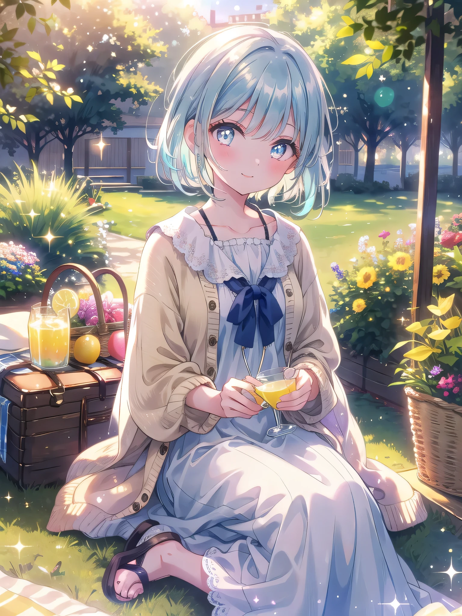 ((8k, Highest quality, masterpiece: 1.3)),Ultra-high resolution,(1 girl, alone), (Color changing eyes, Ultra-detailed, Expressive brilliance, Glitter, Glowing Eyes), Highly detailed eyes, Highly detailed face, Random Hair, ((pastel colour))A beautiful woman sitting on a blanket in a quiet corner of the park, having a small picnic. She’s dressed in a casual summer dress and sandals, with a light cardigan draped over her shoulders. The late afternoon sun bathes the scene in a warm, golden light. She’s holding a glass of lemonade in one hand, her other hand resting on the picnic basket beside her. Her expression is serene as she gazes out at the scenery. She turns to the camera with a gentle, inviting smile, her eyes full of warmth and affection, as if she’s enjoying this peaceful afternoon with her boyfriend.