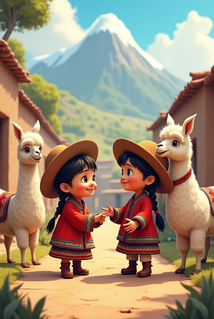 Enfants peruvien et lamas en vetement traditionnel devant village incas perou type pixar