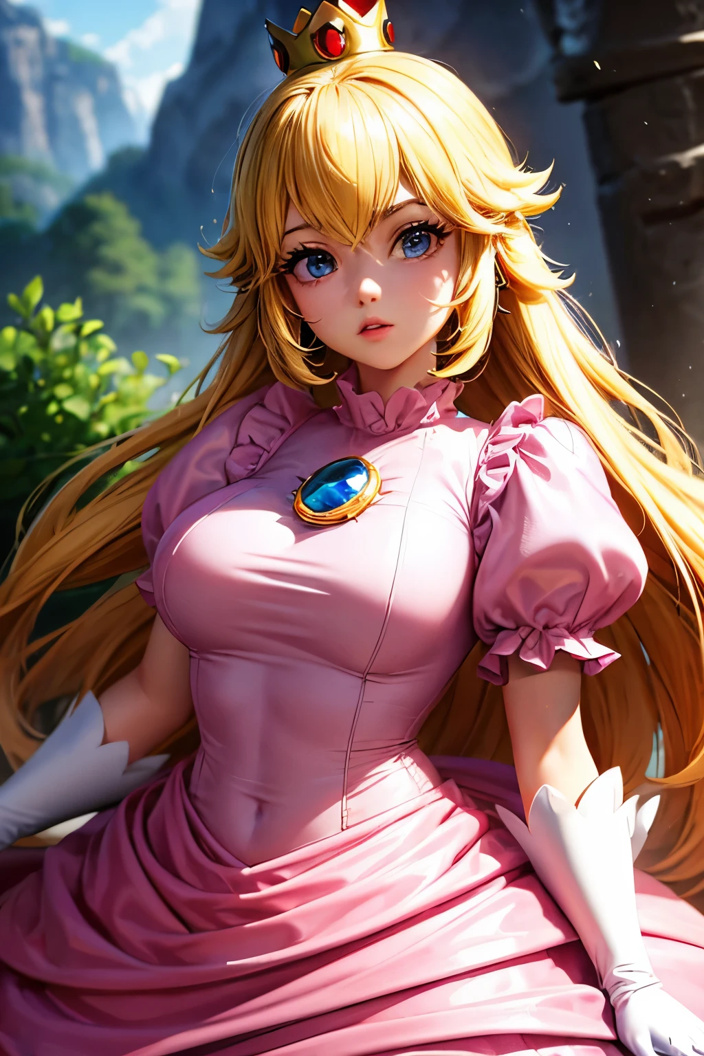 (8k, raw photo, masterpiece, extremely detailed, best quality, professional lighting, high res), beautiful and adorable girl, (princess peach), blonde hair, blue eyes, long hair, crown, dress, gem, gloves, pink dress, puffy short sleeves, puffy sleeves, short sleeves, white gloves, pink dress, thick lips, proud woman, grown-up looking, (adult female), twenty four years old, noble princess, tall height