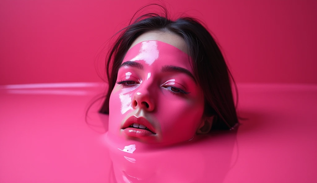 shot from the top, a party costume woman in water with her face covered by melted red ice, in the style of jennifer rubell, experimental filmmaking, louise bourgeois, aerial abstractions, dusan djukaric, blink-and-you-miss-it detail, realistic –ar 16:9