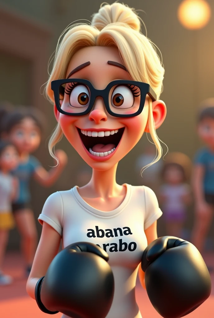 3D poster inspired by Pixar capturing a scene with a 40-year-old woman, medium square black glasses, blonde hair in a bun, white skin. long, brown eyes, small, chubby nose, wrinkle between the eyebrows, arched eyebrows, square chin, long face, thin, slightly full lips, full breasts, smiling, white skin, wearing a t-shirt with "Abana o Rabo" written on it, with gloves Black boxer, open smile, excited