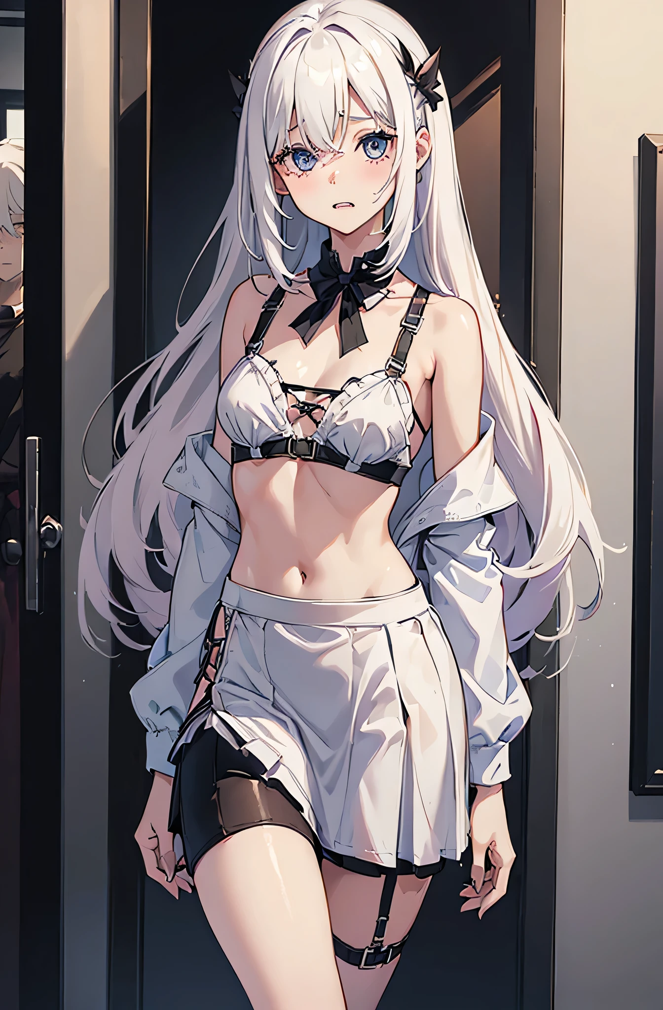 ((Girl with protruding ribs:1.4))、(flat chest:1.2),(skinny body:1.3)、Blushing、To blush、Thick eyes、((I'm skinny. :1.3))、white hair, long hair, ((hair over one eye))、messy hair、((Double teeth))、((Larger clothes:1.3))、Beautiful eyes、(Miniskirt :1.5), I'm puffing up my cheeks、pastel colors clothes, ((Half-twin:1.3)) 、((Harness )), ((black brassiere))、pubic tattoo