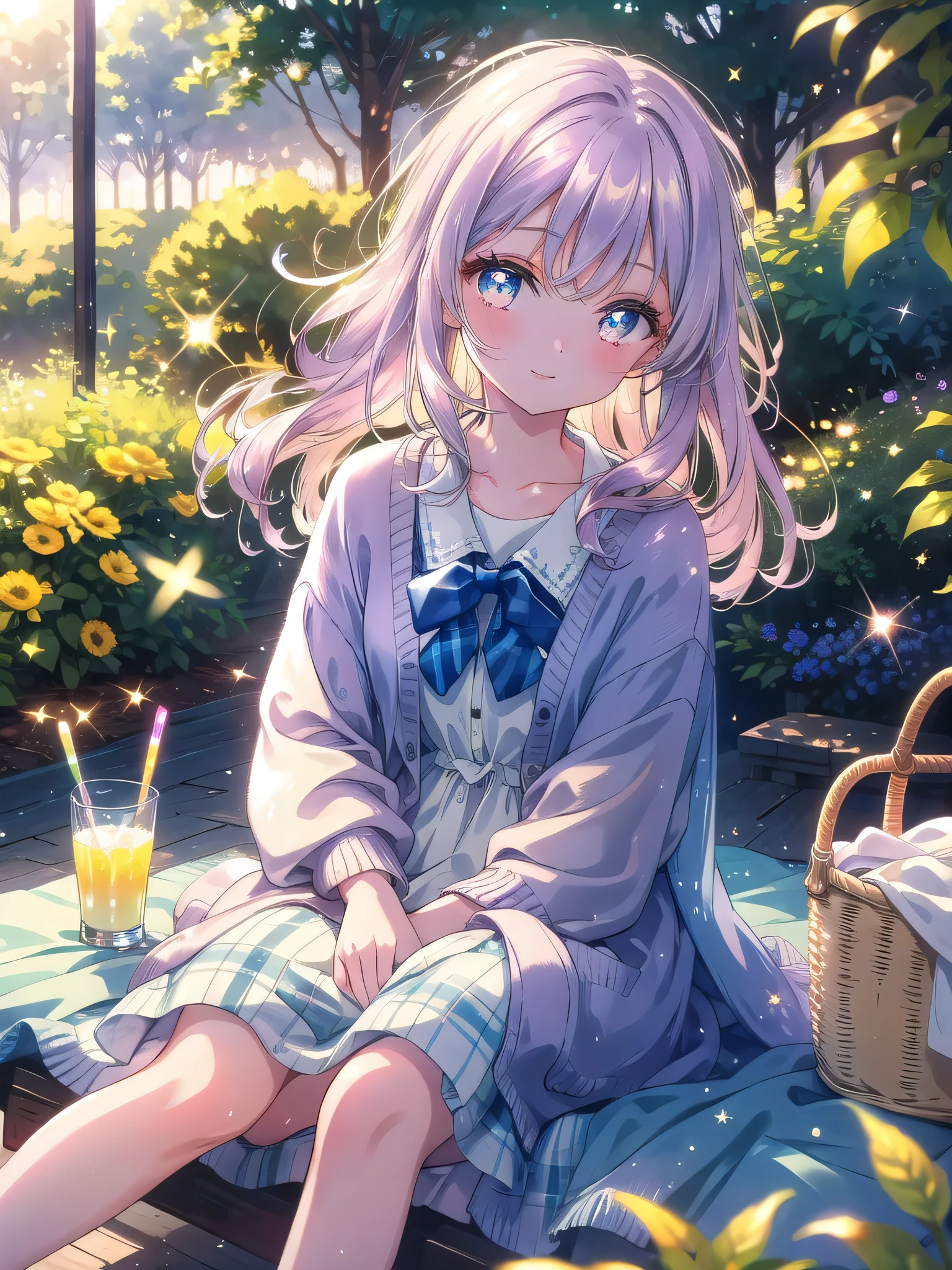 ((8k, Highest quality, masterpiece: 1.3)),Ultra-high resolution,(1 girl, alone), (Color changing eyes, Ultra-detailed, Expressive brilliance, Glitter, Glowing Eyes), Highly detailed eyes, Highly detailed face, Random Hair, ((pastel colour))A beautiful woman sitting on a blanket in a quiet corner of the park, having a small picnic. She’s dressed in a casual summer dress and sandals, with a light cardigan draped over her shoulders. The late afternoon sun bathes the scene in a warm, golden light. She’s holding a glass of lemonade in one hand, her other hand resting on the picnic basket beside her. Her expression is serene as she gazes out at the scenery. She turns to the camera with a gentle, inviting smile, her eyes full of warmth and affection, as if she’s enjoying this peaceful afternoon with her boyfriend.