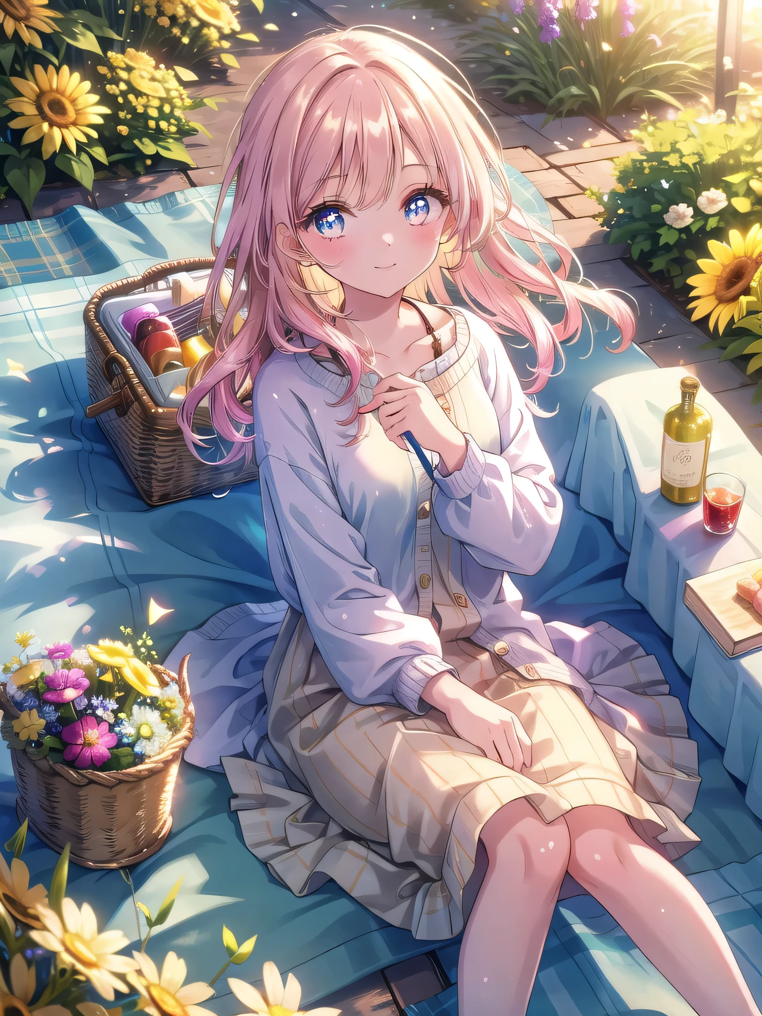 ((8k, Highest quality, masterpiece: 1.3)),Ultra-high resolution,(1 girl, alone), (Color changing eyes, Ultra-detailed, Expressive brilliance, Glitter, Glowing Eyes), Highly detailed eyes, Highly detailed face, Random Hair, ((pastel colour))A beautiful woman sitting on a blanket in a quiet corner of the park, having a small picnic. She’s dressed in a casual summer dress and sandals, with a light cardigan draped over her shoulders. The late afternoon sun bathes the scene in a warm, golden light. She’s holding a glass of lemonade in one hand, her other hand resting on the picnic basket beside her. Her expression is serene as she gazes out at the scenery. She turns to the camera with a gentle, inviting smile, her eyes full of warmth and affection, as if she’s enjoying this peaceful afternoon with her boyfriend.