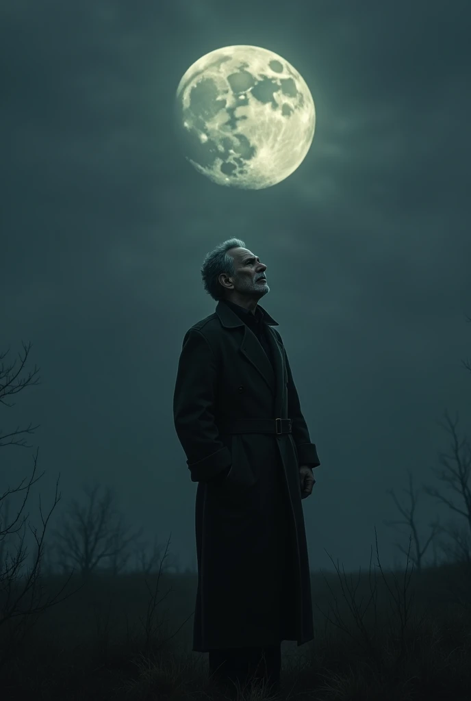 Make a memorial photo of a lonely man looking at the moon 