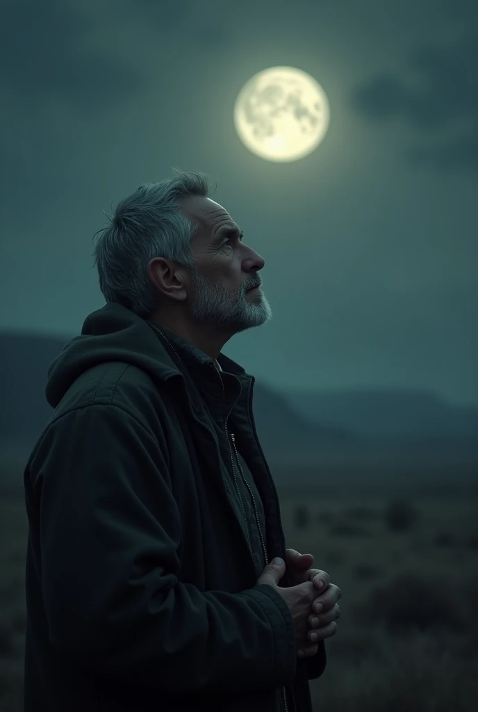 Make a memorial photo of a lonely man looking at the moon