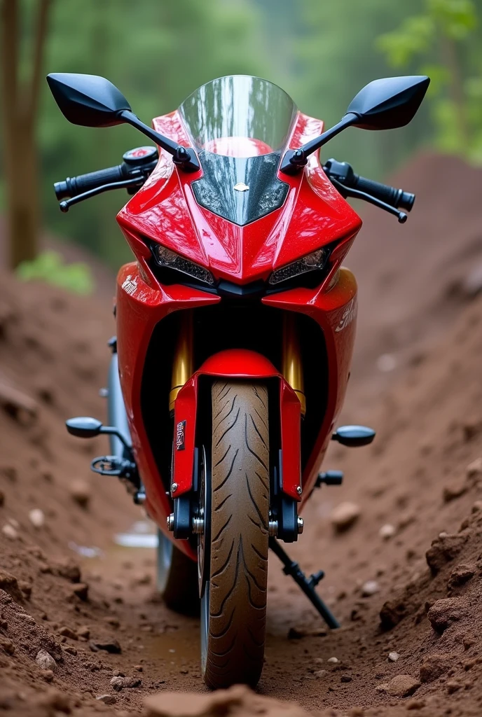 Indian Yamaha R15 version 4 red colour standing in off-road mud