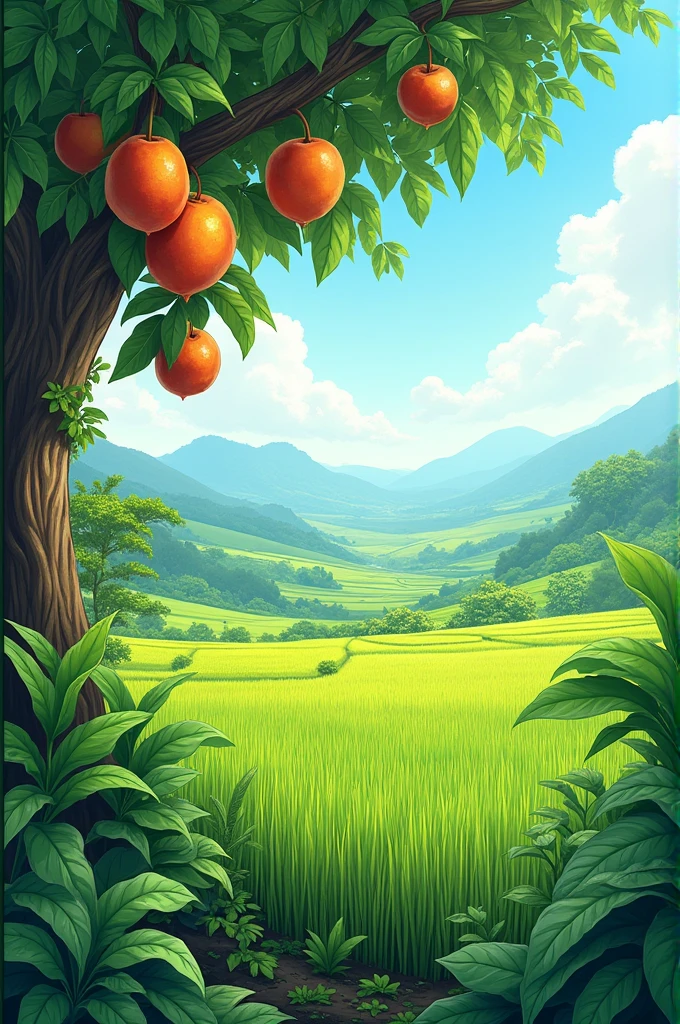 Fruit tree, water spinach, and rice zoom out image where i can see them whole