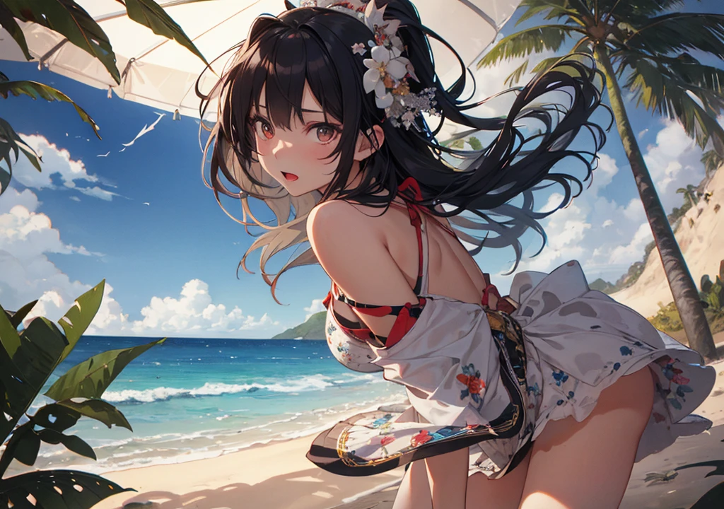 Realistic photos, Focus distance 10mm, Red and white, Beautiful girl, Realistic photos, Shooting at focus distance 10mm, masterpiece, 最high quality, high quality, Very detailed CG 8k wallpaper unit, Award-winning photography, Depth of written boundary, High resolution, bloom, chromatic aberration, Realistic, Very detailed, Art Station Trends, CGsociety Trends, Complex, High detail, dramatic, Art on the go, volumetric lighting, A beautiful girl wearing colorful and elegant beachwear in the style of Disney princesses at a tropical beach party. Create a party atmosphere with her fun expressions and dancing poses