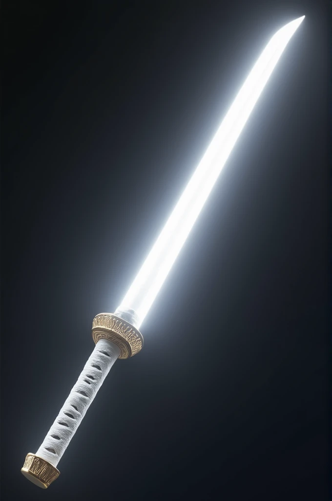 A katana with a brilliant white blade, like the light of the sun that illuminates everything. The tsuba is octagonal in shape with the symbols of the sun and moon., symbolizes the balance between light and darkness. The handle is covered in white cloth with a gold woven pattern that shines softly..