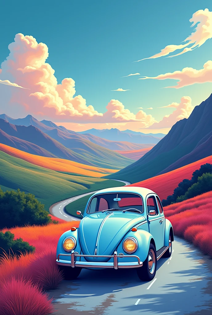 (illustration) 2D, The illustration is captured from a high vantage point, showcasing a beautiful vertical landscape with vibrant and intense colors. The road that winds up the mountain's edge and then gracefully disappears into the horizon, cutting through wide open fields. The sky above is a captivating mix of blue, orange, red, pink, and white, with wispy clouds that gently float across the scenery. On the road's surface, there's barely any sign of movement, adding to the serene and natural beauty of the landscape. The light blue classic VW Beetle stands in front view out against the quietness of the surroundings, creating a focal point in the scene. Its contours and details are clearly drawn, emphasizing its modern and comfortable design. The background is a mix of green, red, orange and purple hills, with blue and psychedelic tones, creating a fantasy atmosphere. The road's surface has a light blue texture, adding to the overall aesthetic quality of the image.