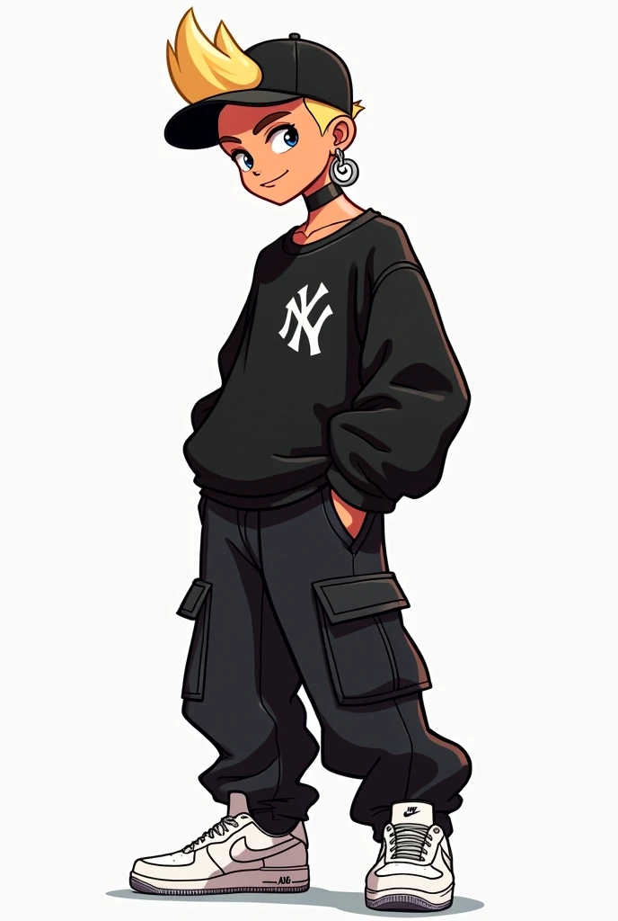 cartoon drip 2d, blond, Short mohawk hair, in black cargo pants, Black cap, black jersey, Air Force Sneakers White, aretes, very loose clothes etc..