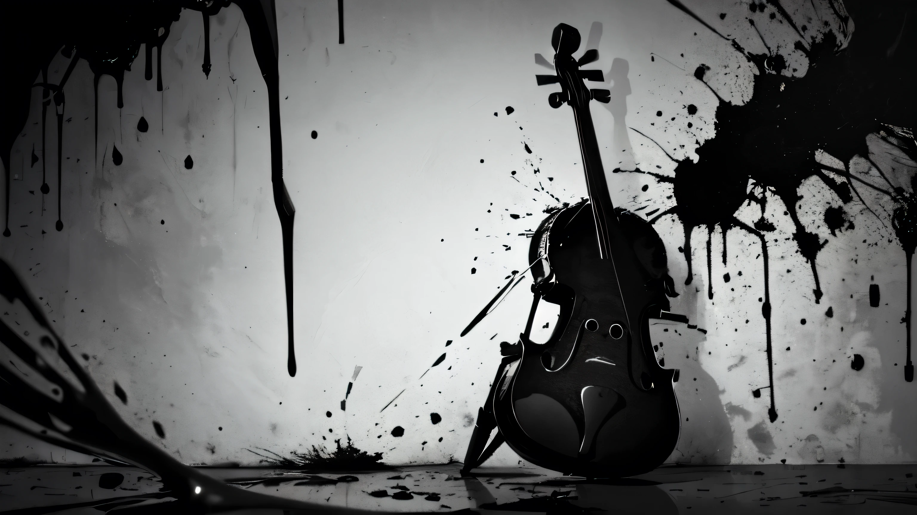 simple background, monochrome, horror (theme) there is a broken violin in the picture, black paint splatted, violin, red blood splatted