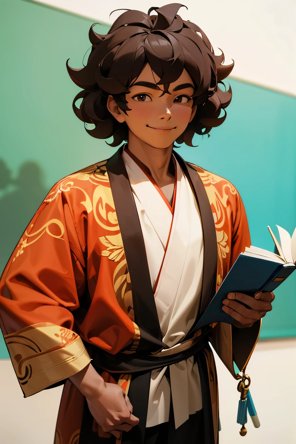 An Indonesian man, 2, not too curly hair, smiling, holding a book in his left hand and a marker in his right hand, classroom background. 3d, An Indonesian man, 2, not too curly hair, smiling, holding a book in his left hand and a marker in his right hand, classroom background.