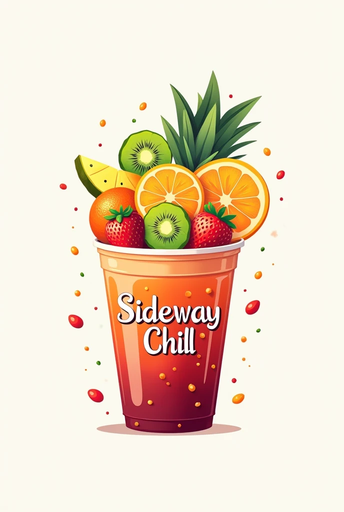 Make me a logo for my Fruit tea drinks store  include the name "Sideway Chill" and include a Plastic cup with straw in the design with lively creative fruits design
