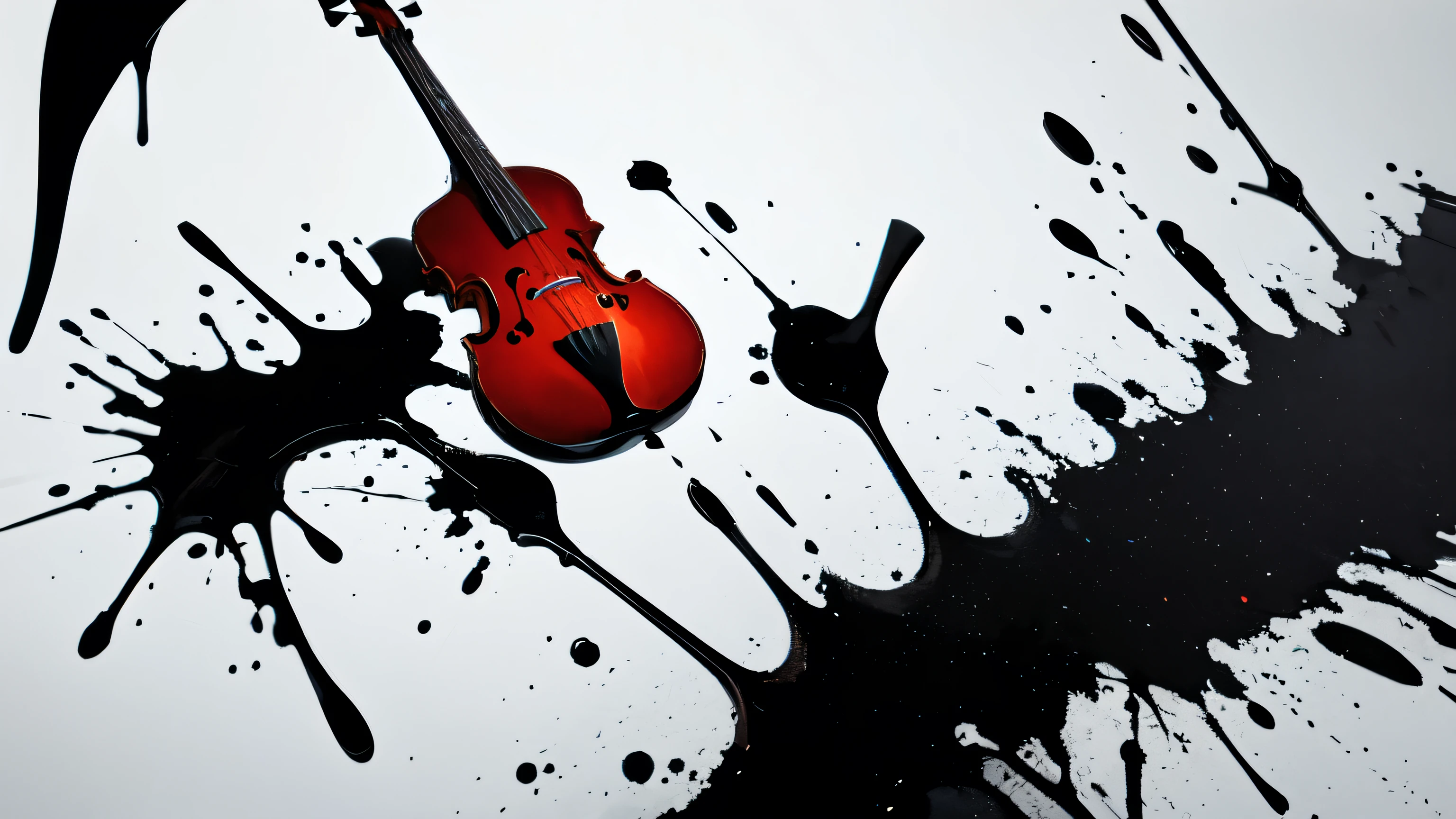  simple background, monochrome, horror (theme) there is a broken violin in the picture, black paint splatted, violin, red blood splatted