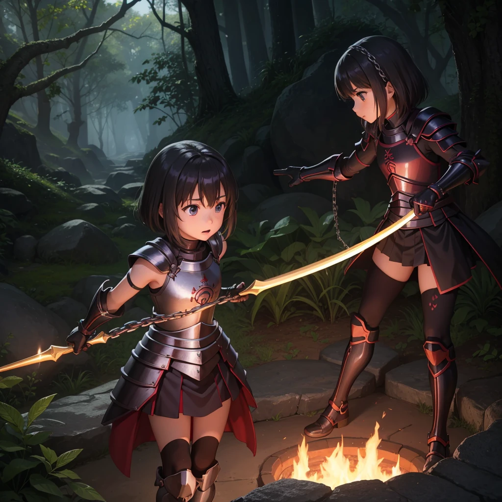 最high quality、high quality、Simple Cloth Armor、10Year-old girl adventurer、Equipped with a weapon that has a short chain at the end of a stick and a spiked iron ball at the end of the chain、In a dark maze
