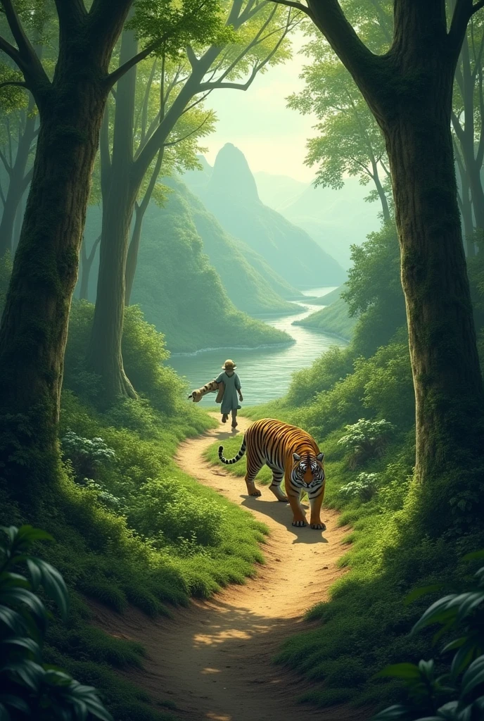 The Otter's Journey: A long, winding forest path that leads the way for the tiger.. The road is lined with tall trees., There is a river in the background, hill, There are various forest terrains such as dense forests..