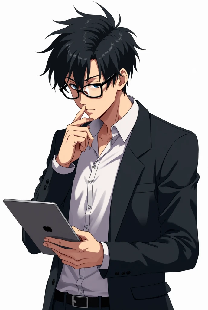 Black hair male teacher, black eyes, wearing glasses, holding an iPad, anime image, white background 